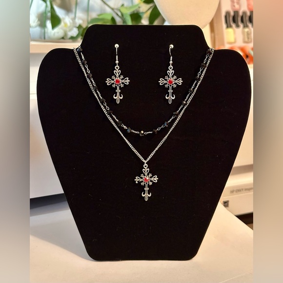 Gothic Dark Silver Cross Vampire Necklace Chain Earrings Jewelry Halloween Beads - Picture 5 of 8